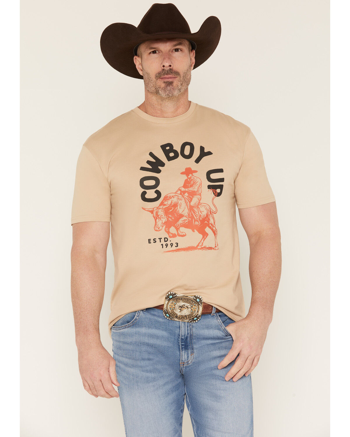 Image #1 - Cowboy Up Men's By The Horns Short Sleeve Graphic T-Shirt, Sand, hi-res