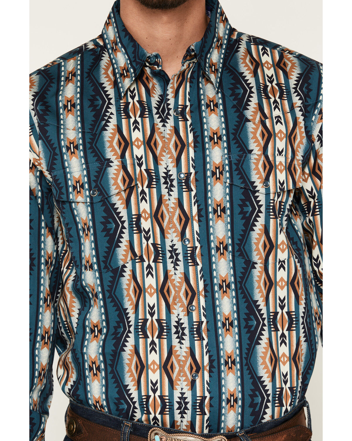Image #3 - Wrangler Men's Checotah Southwestern Striped Long Sleeve Pearl Snap Western Shirt, Teal, hi-res
