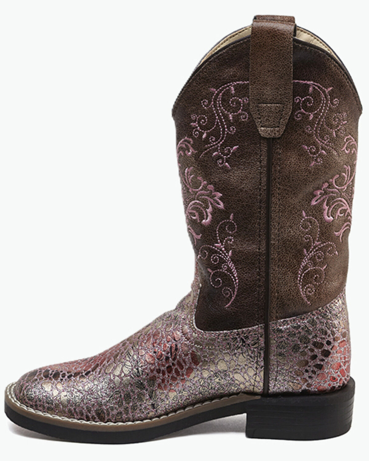 Image #3 - Old West Girls' Embroidered Metallic Western Boots - Broad Square Toe, Pink, hi-res