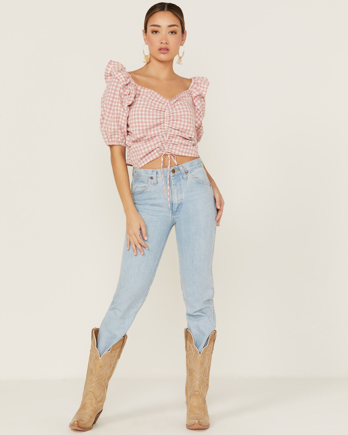 Image #4 - Beyond The Radar Women's Gingham Crop Cinch Detail Top, Blush, hi-res