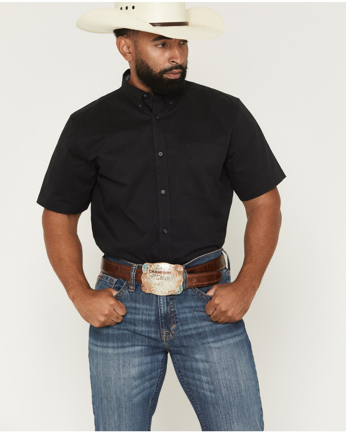 Cody James Men's Basic Solid Short Sleeve Button-Down Stretch Western Shirt, Black, hi-res