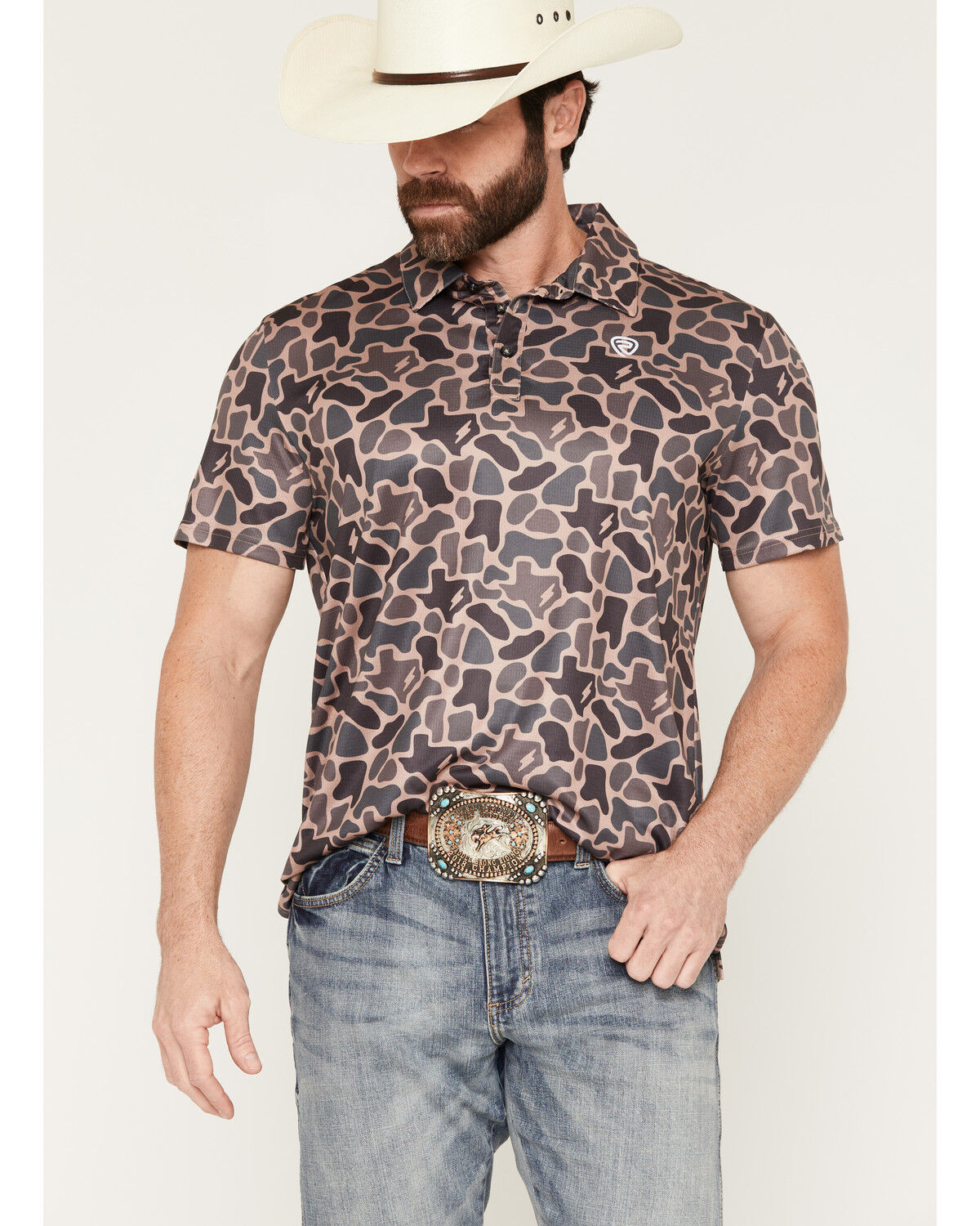 Image #1 - Rock & Roll Denim X Koe Wetzel Men's Camo Print Short Sleeve Button-Down Polo, Camouflage, hi-res