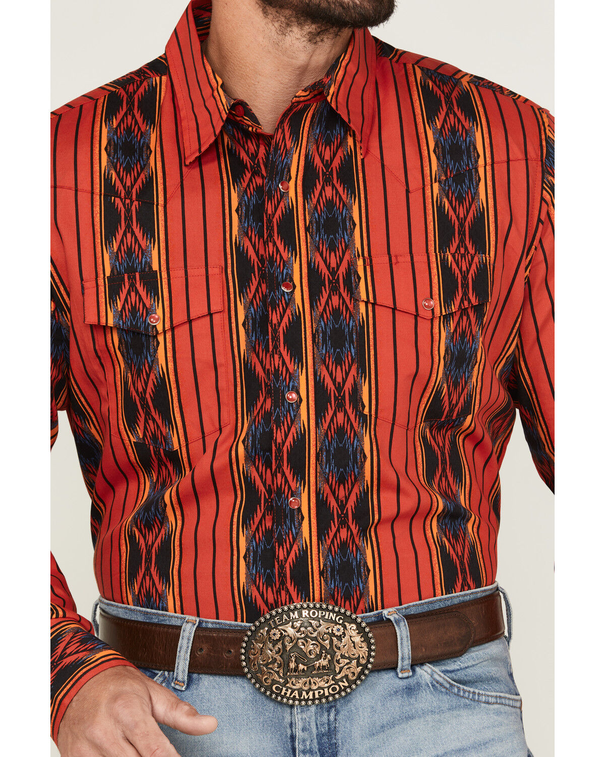 Image #3 - Wrangler Men's Checotah Southwestern Striped Print Long Sleeve Pearl Snap Western Shirt, Red, hi-res