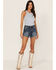 Image #1 - Cleo + Wolf Women's High Rise Dark Wash Frayed Denim Shorts, Blue, hi-res