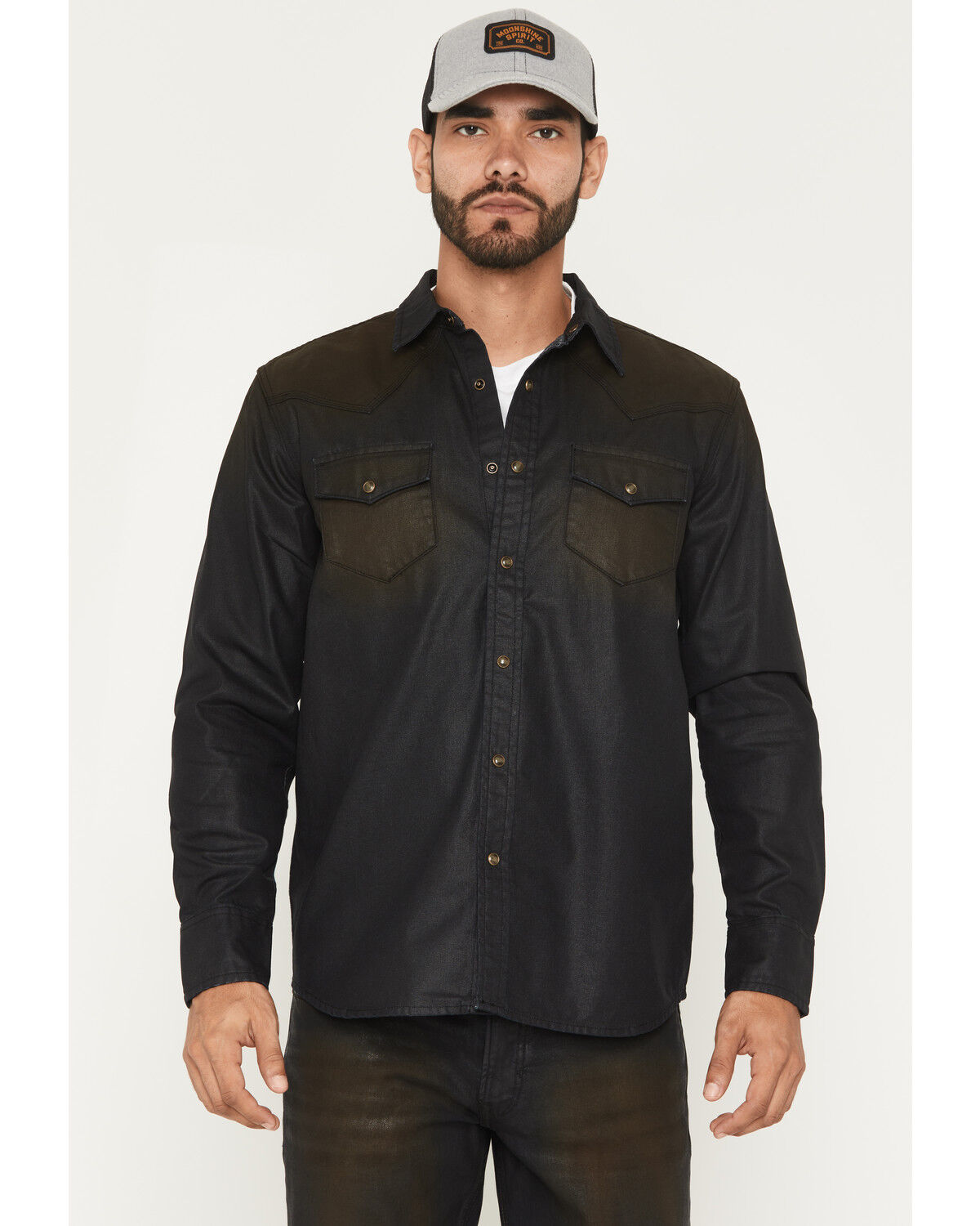 Image #1 - Moonshine Spirit&reg; Men's Wax Coated Denim Long Sleeve Snap Western Shirt, Dark Wash, hi-res