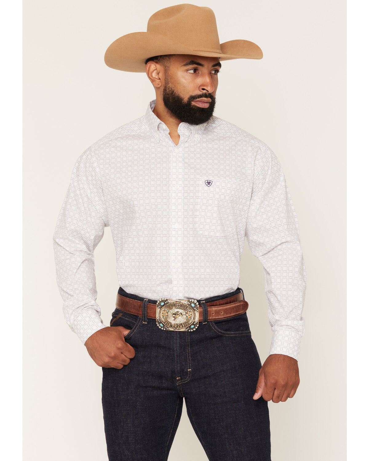 Image #1 - Ariat Men's Pace Geo Print Long Sleeve Button-Down Western Shirt, White, hi-res