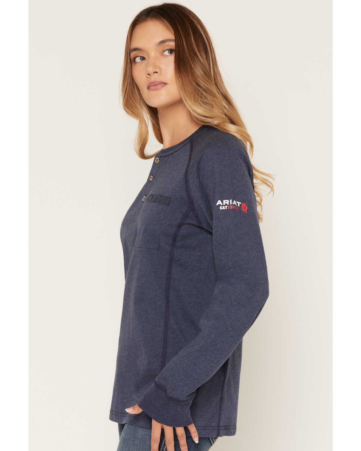 Image #2 - Ariat Women's FR Air Henley Long Sleeve Work Shirt, Navy, hi-res