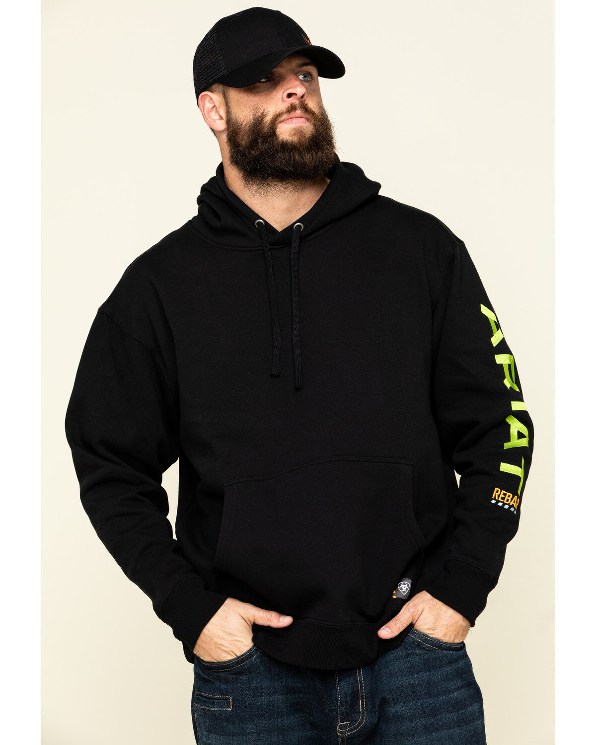 Ariat Men's Black/Lime Rebar Graphic Hooded Work Sweatshirt, Black, hi-res