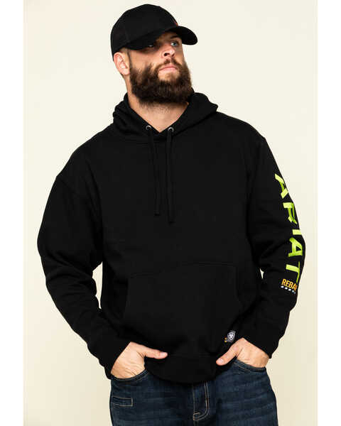 Ariat Men's Black/Lime Rebar Graphic Hooded Work Sweatshirt , Black, hi-res