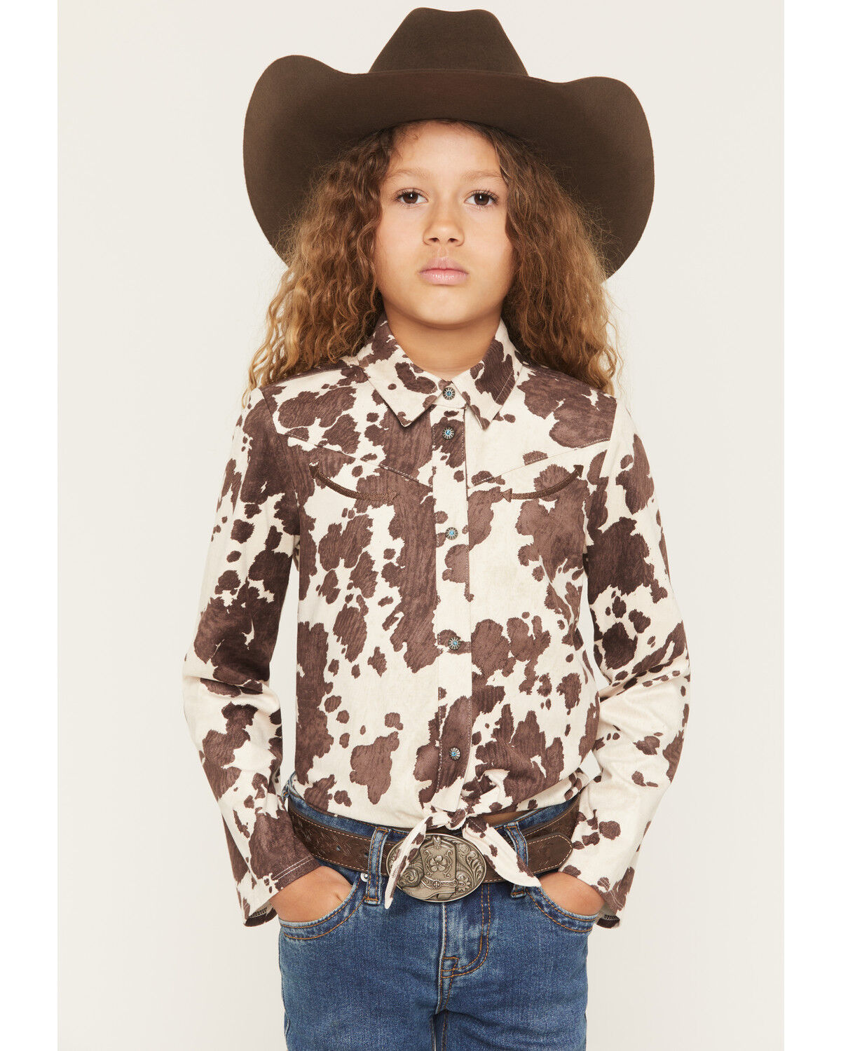 Image #1 - Shyanne Girls' Naomi Cow Print Long Sleeve Tie Western Shirt, Brown, hi-res
