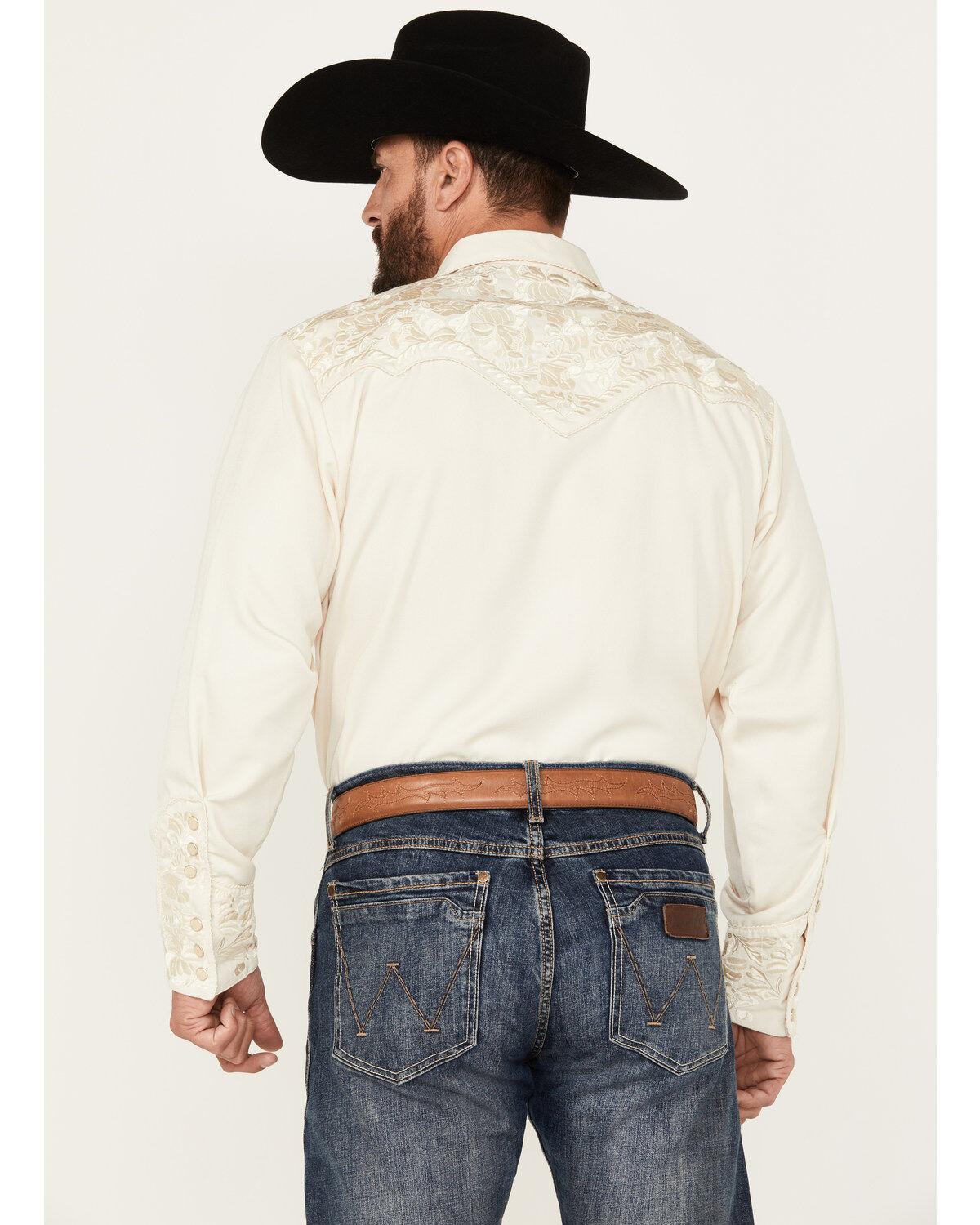 Image #4 - Scully Men's Gunfighter Embroidery Long Sleeve Snap Western Shirt, Ivory, hi-res