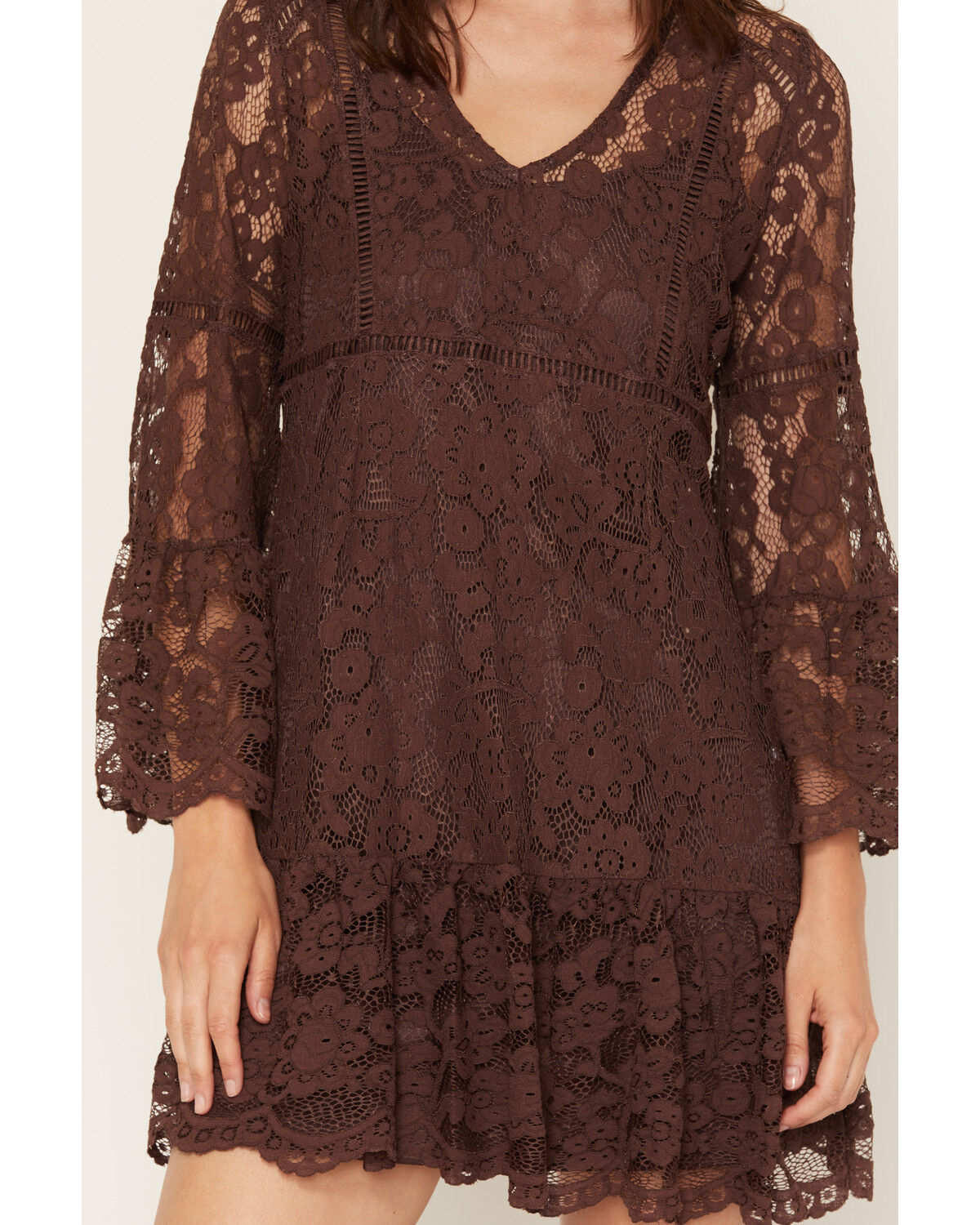 Image #3 - Scully Women's Lace Crochet Long Bell Sleeve Mini Dress, Chocolate, hi-res
