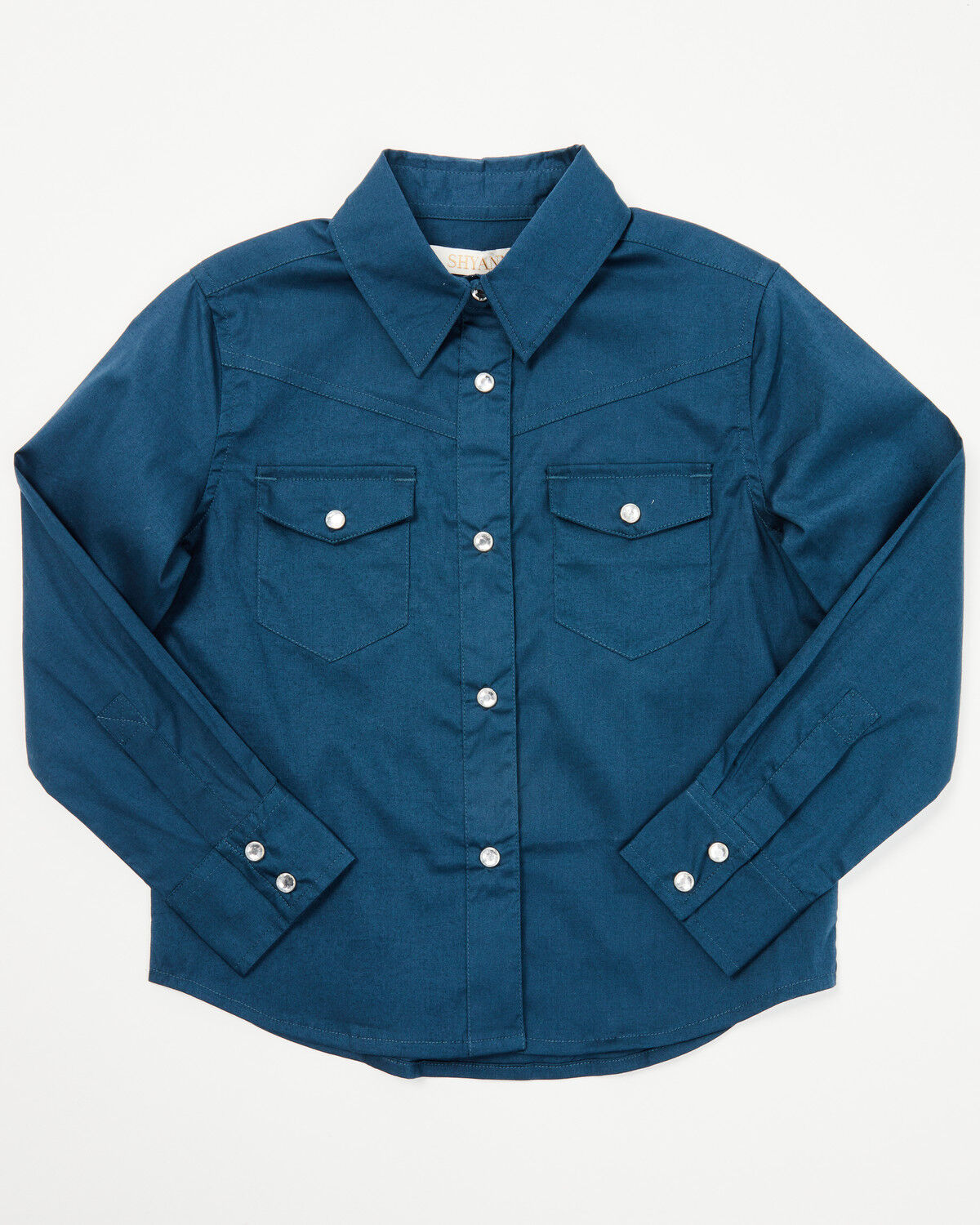 Shyanne Toddler Girls' Solid Rhinestone Long Sleeve Snap Stretch Western Shirt, Blue, hi-res