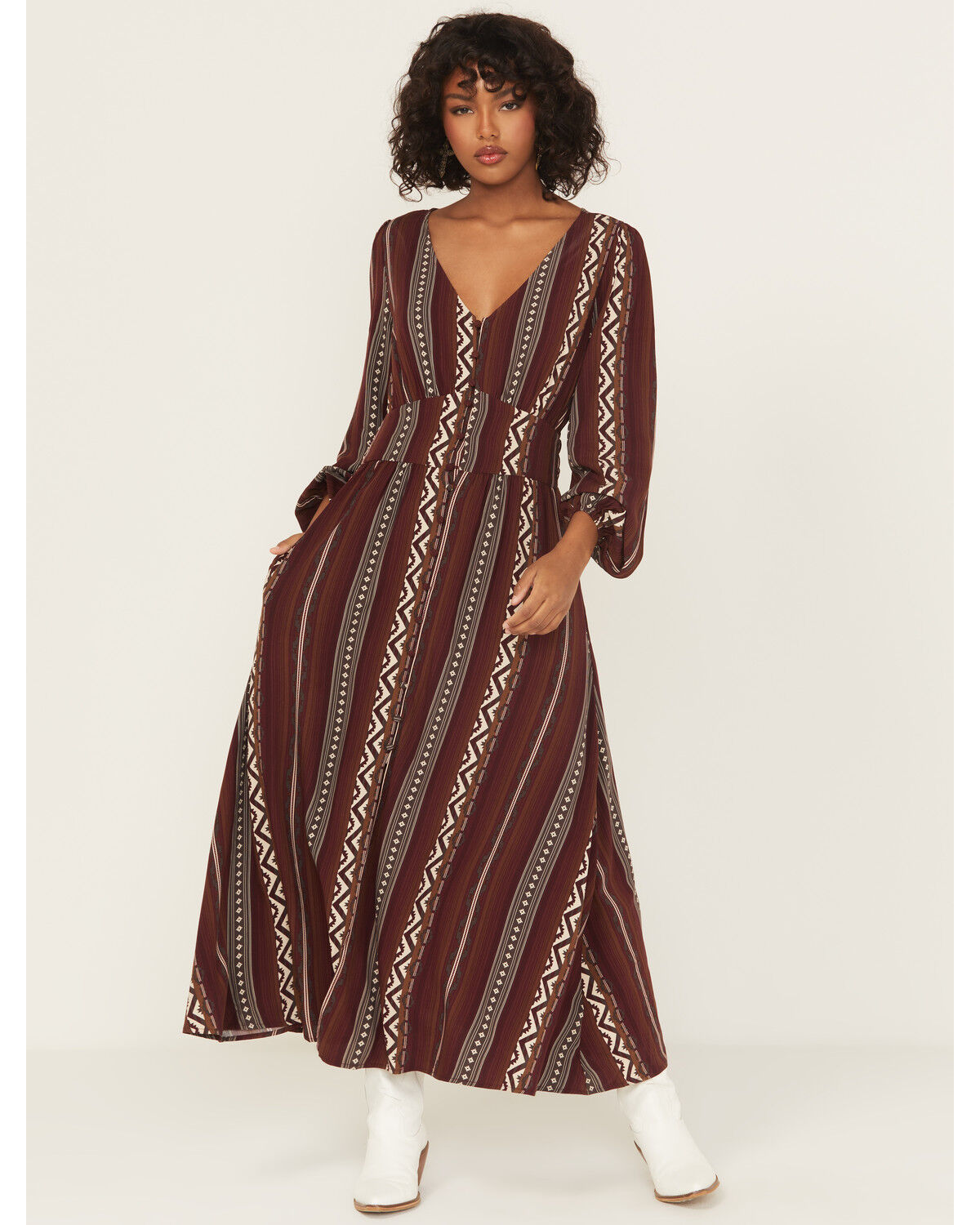 Image #1 - Wrangler Retro Women's Southwestern Striped Print Long Sleeve Button-Down Maxi Dress, , hi-res