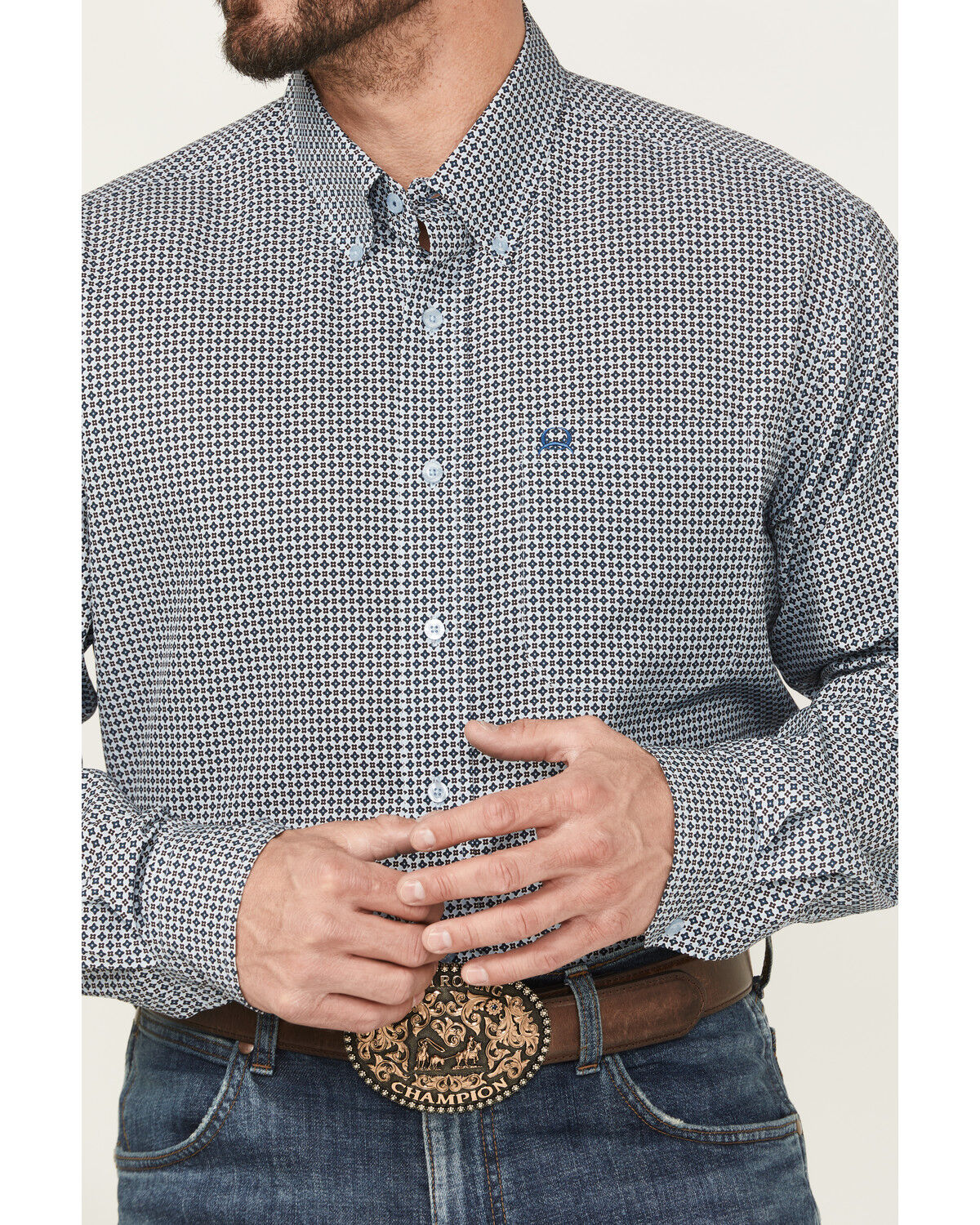 Image #3 - Cinch Men's Geo Print Arenaflex Long Sleeve Button-Down Performance Stretch Western Shirt, Light Blue, hi-res