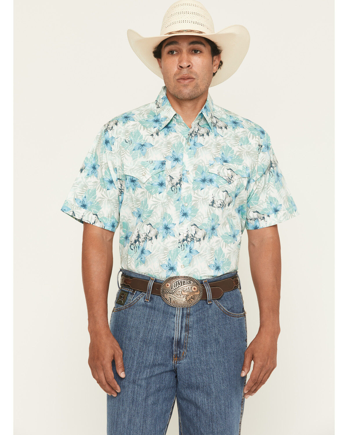 Ely Walker Men's Hawaiian Horse Print Short Sleeve Snap Western Shirt, Cream, hi-res