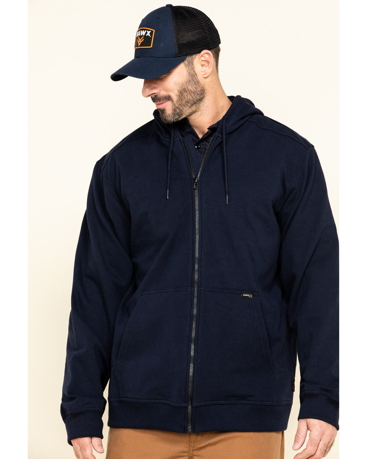 Hawx Men's FR Zip Up Fleece Hooded Work Hoodie, Navy, hi-res