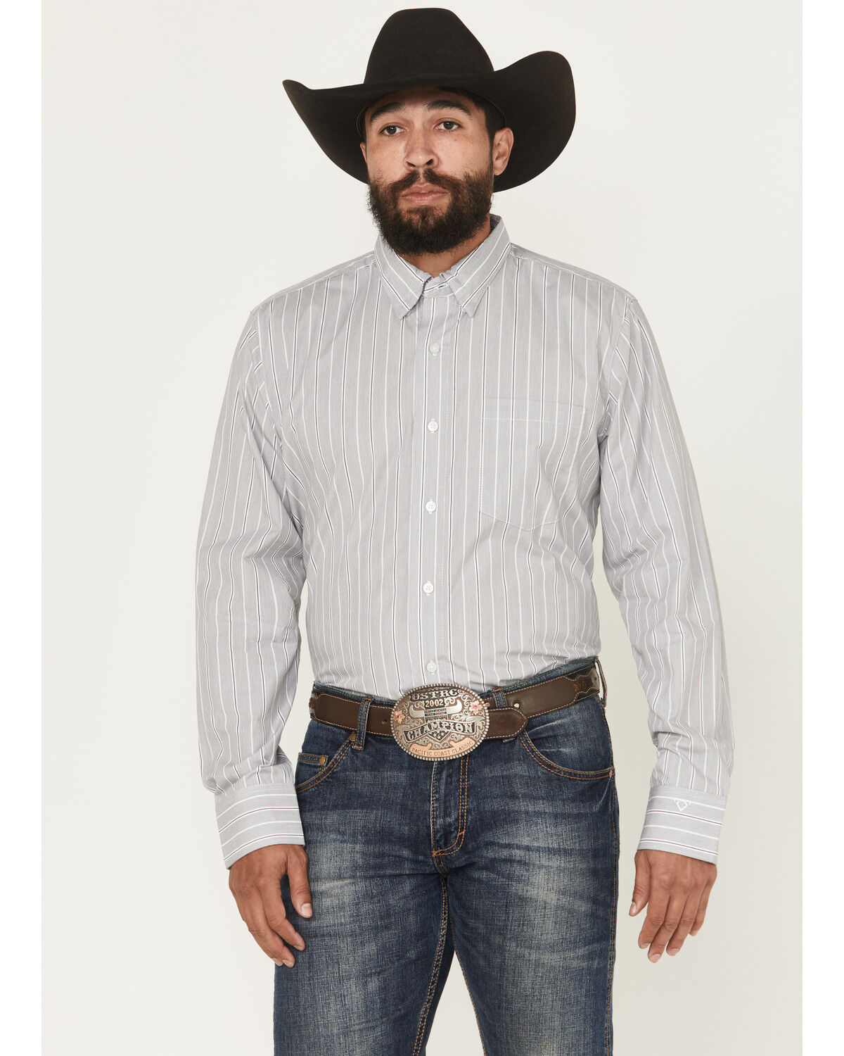 Image #1 - Wrangler X Cody Johnson Men's Striped Long Sleeve Button-Down Western Shirt - Tall, Grey, hi-res