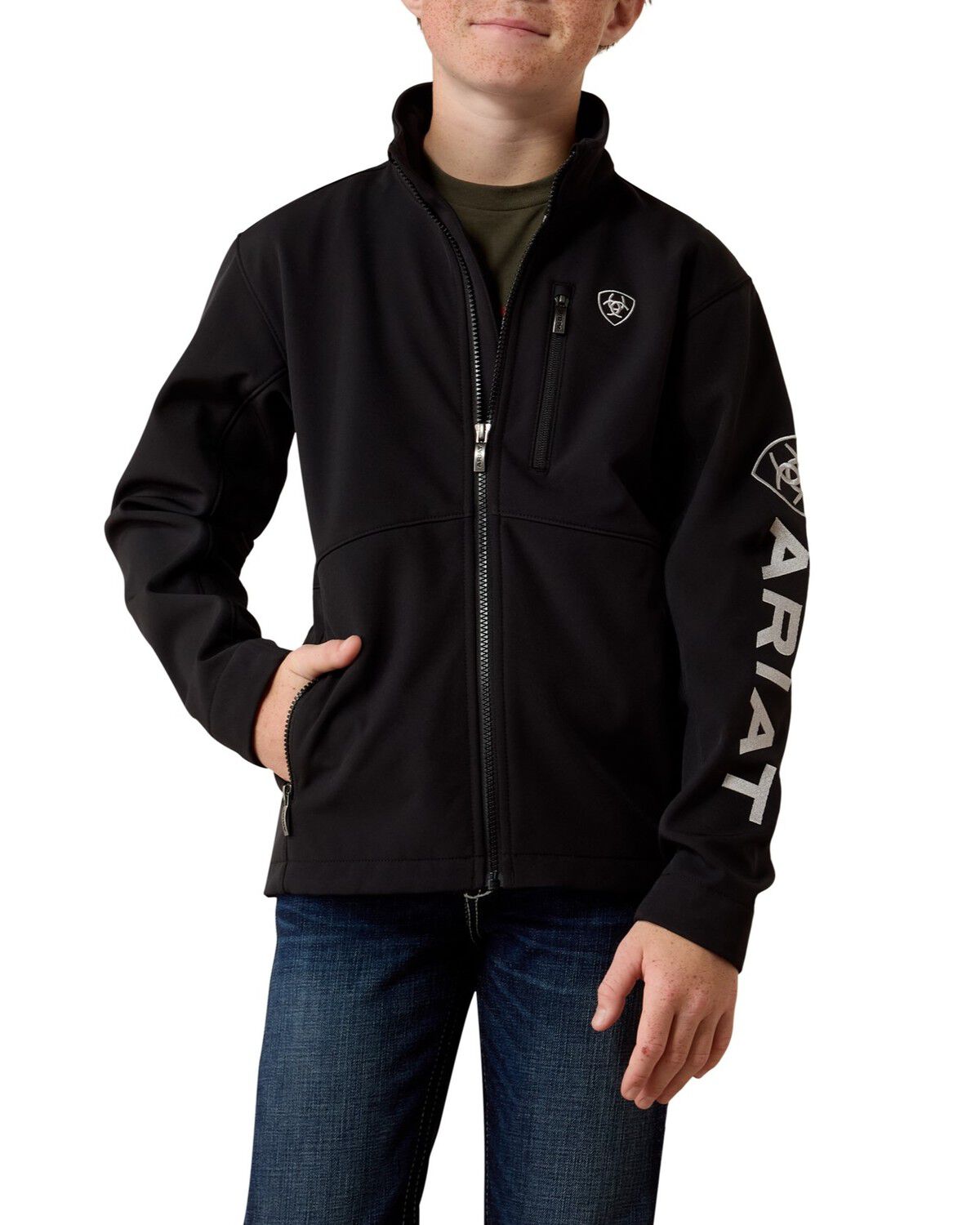 Image #2 - Ariat Boys' Logo Softshell Jacket, Black, hi-res