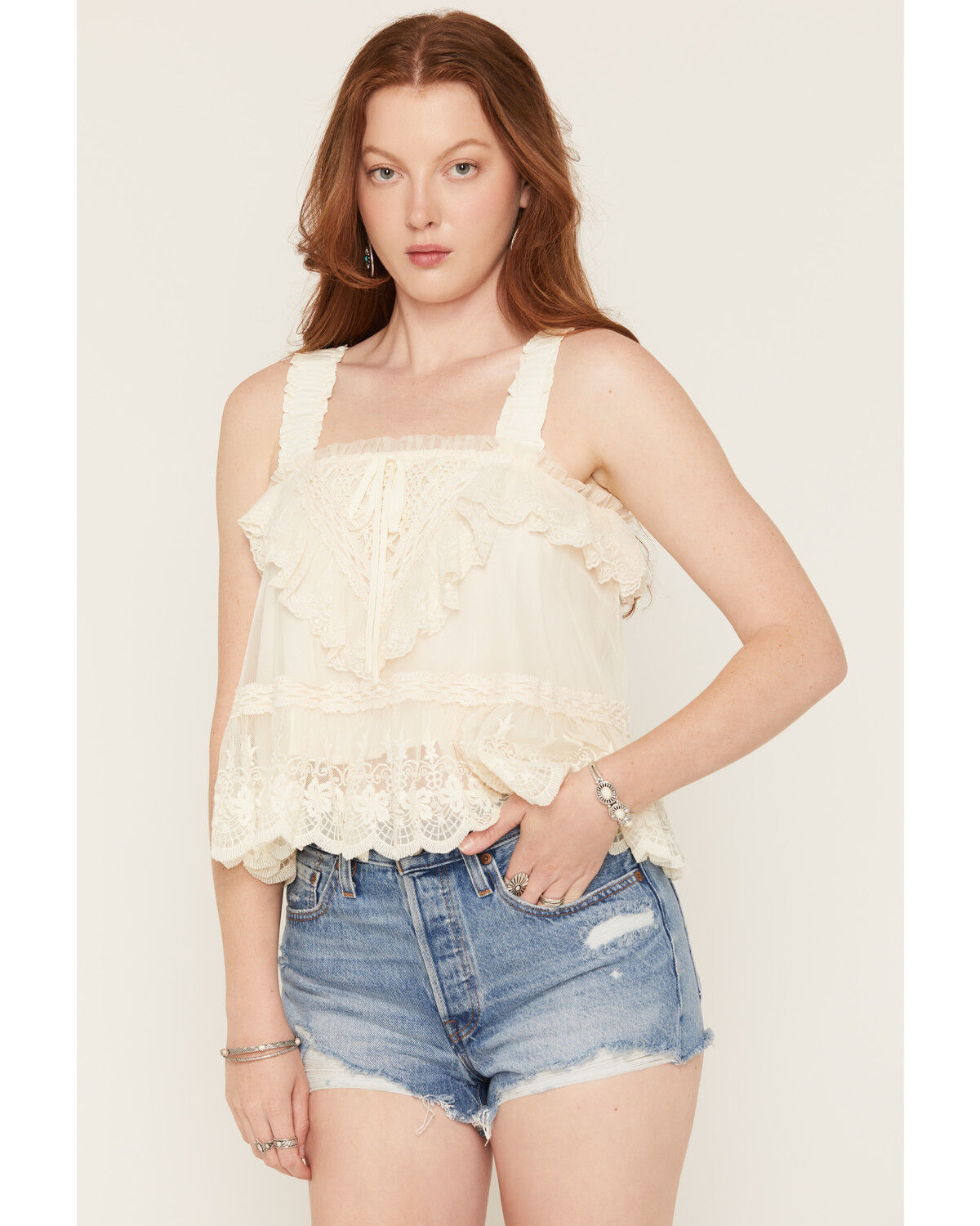 Image #1 - Miss Me Women's Sleeveless Lace Ruffle Top, Cream, hi-res