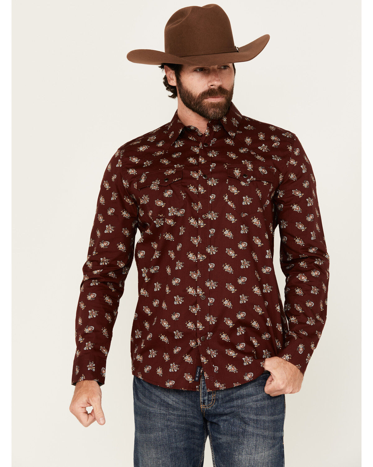 Image #1 - Moonshine Spirit&reg; Men's Nightmare Paisley Print Long Sleeve Snap Western Shirt, Burgundy, hi-res