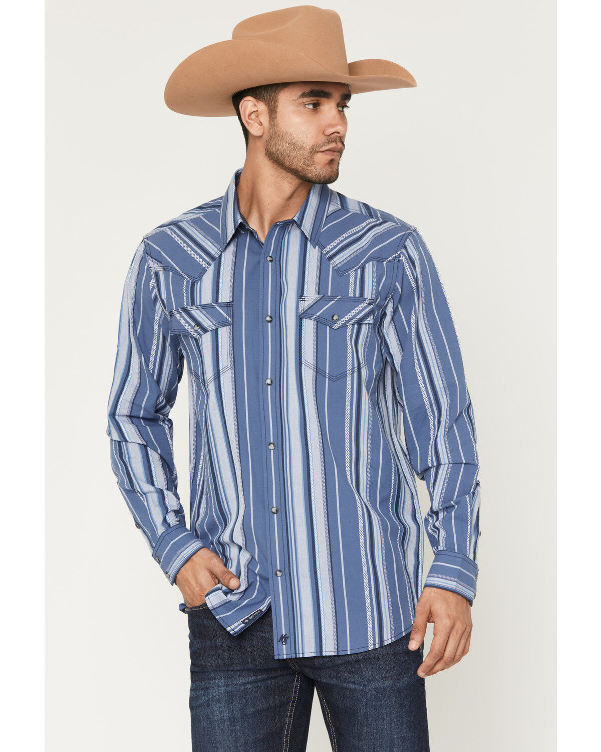 Image #1 - Moonshine Spirit&reg; Men's Bloom Striped Long Sleeve Snap Western Shirt, Blue, hi-res