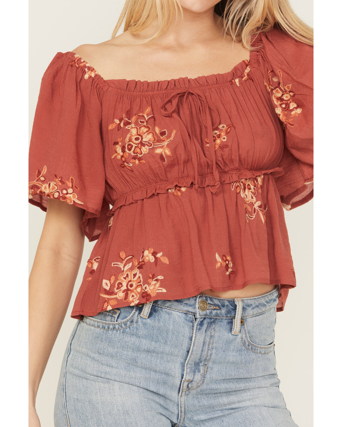 Image #3 - Wild Moss Women's Floral Embroidered Short Sleeve Peplum Top, , hi-res
