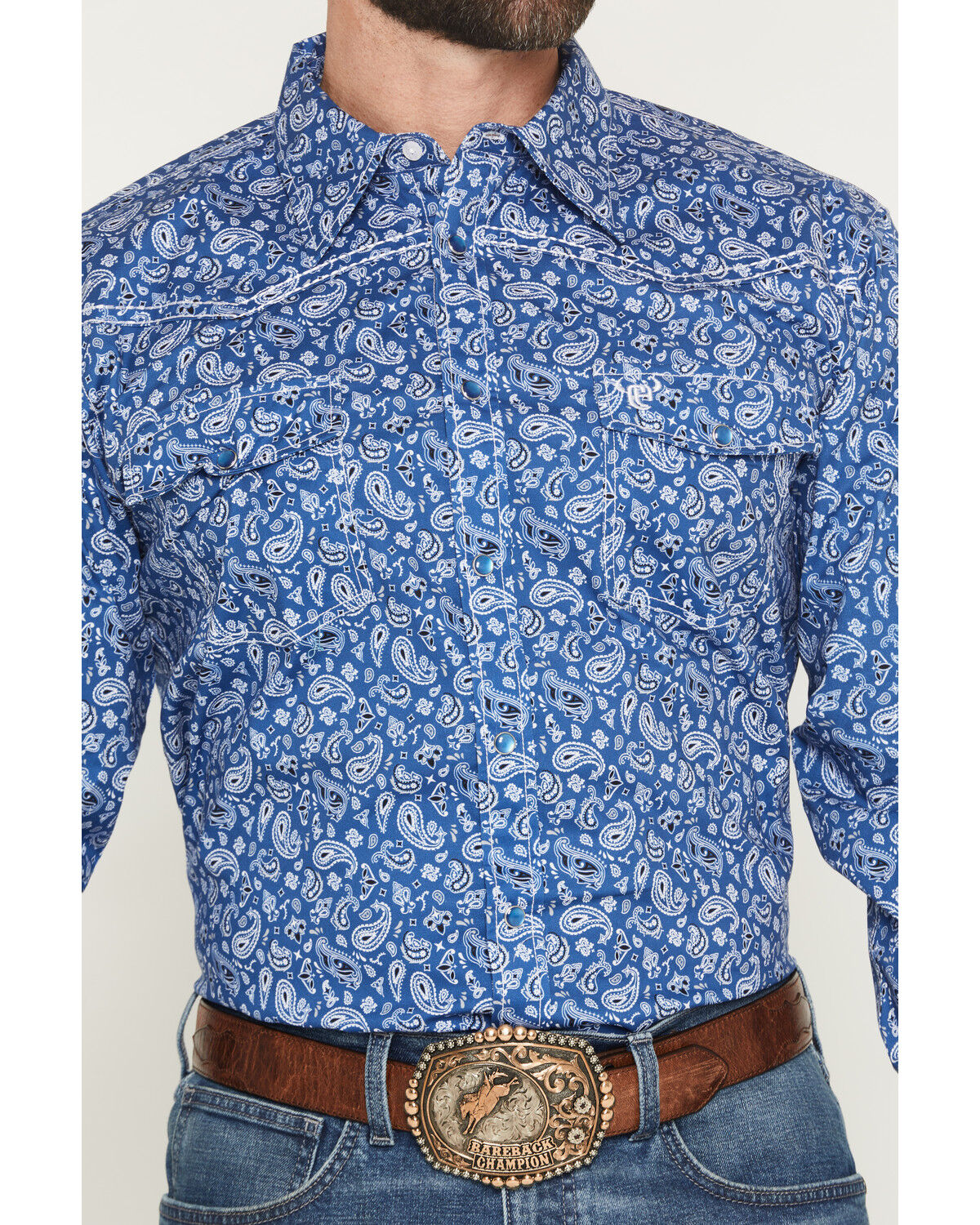 Image #3 - Cowboy Hardware Men's Scatter Paisley Print Long Sleeve Pearl Snap Stretch Western Shirt, Blue, hi-res