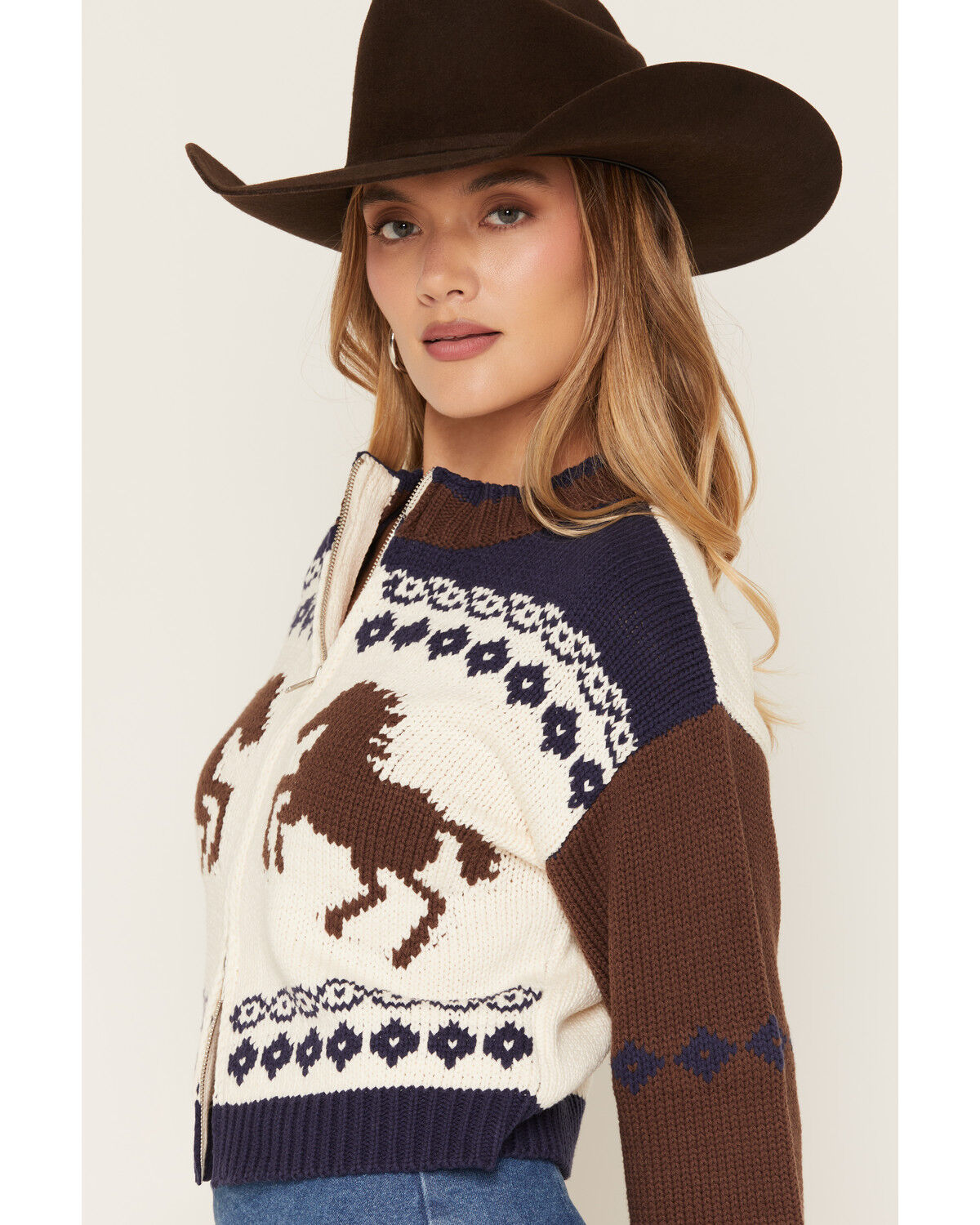 Image #2 - Sadie & Sage Women's Horse Zip-Up Sweater, Brown, hi-res