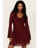 Image #1 - Beyond The Radar Women's Lace Tie Front Mini Dress, Wine, hi-res