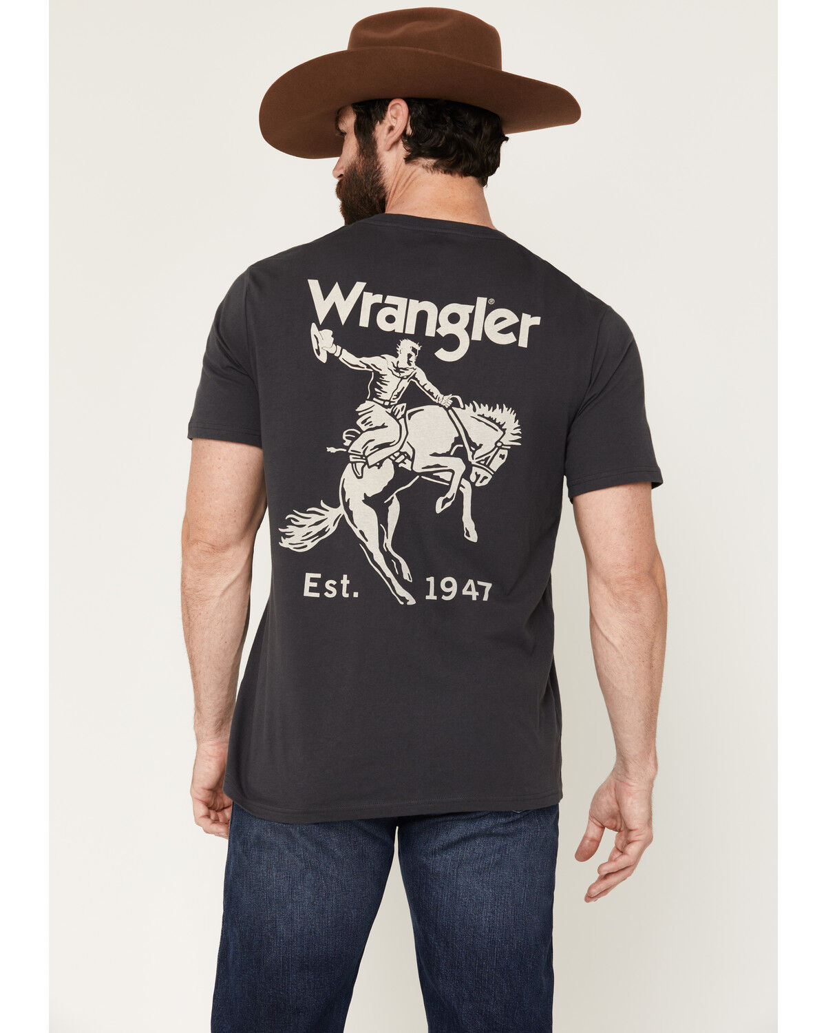 Wrangler Men's Boot Barn Exclusive Cowboy Logo Short Sleeve Graphic T-Shirt, Charcoal, hi-res