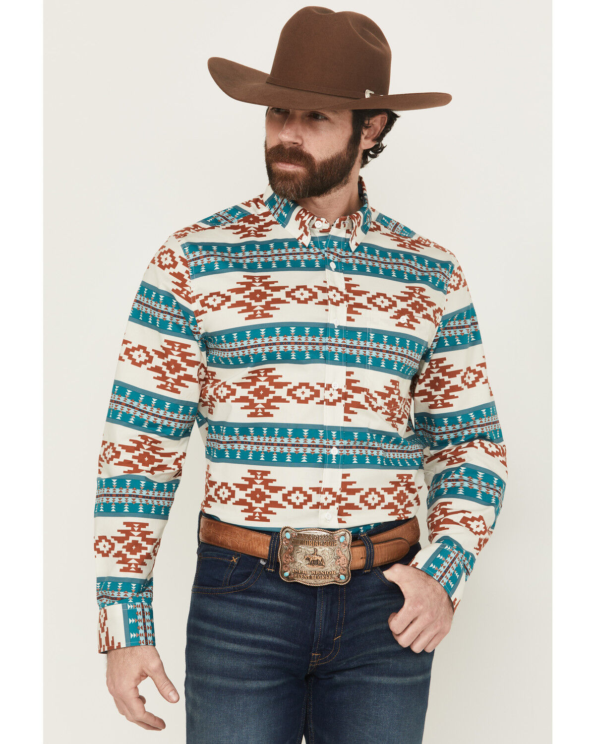 RANK 45&reg; Men's Hansan Southwestern Striped Long Sleeve Button-Down Stretch Western Shirt, Multi, hi-res