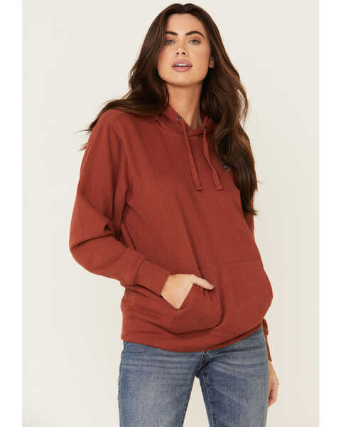 Image #1 - Ariat Women's Rust Copper Embroidered Sleeve Logo Hooded Sweatshirt , Rust Copper, hi-res