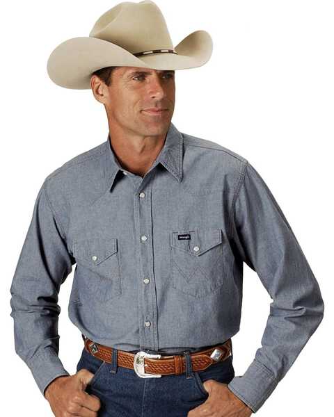 Image #1 - Wrangler Men's Solid Chambray Long Sleeve Work Shirt , Chambray, hi-res