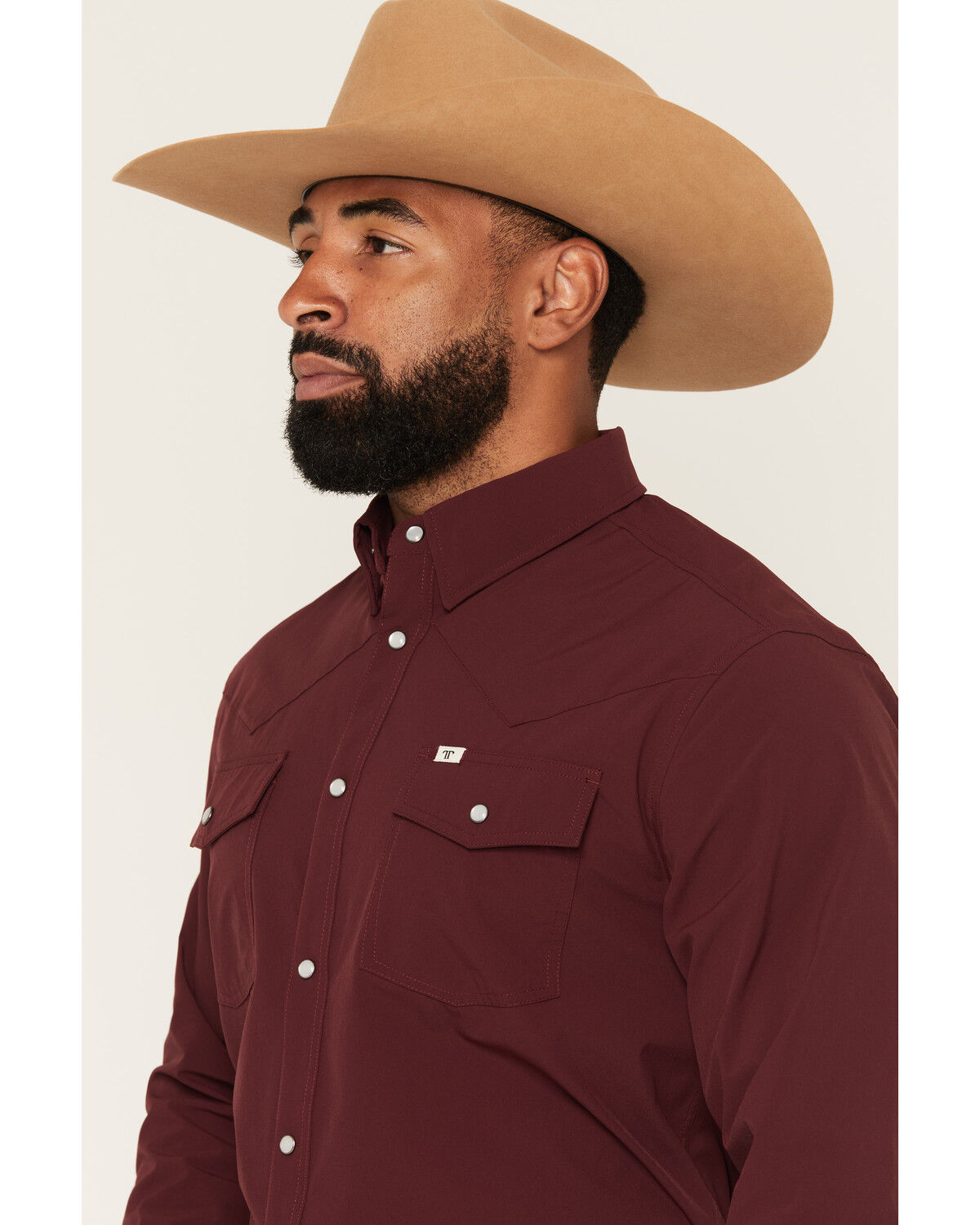 Image #2 - Ferrell Men's Tek Solid Short Sleeve Pearl Snap Stretch Performance Western Shirt, Maroon, hi-res