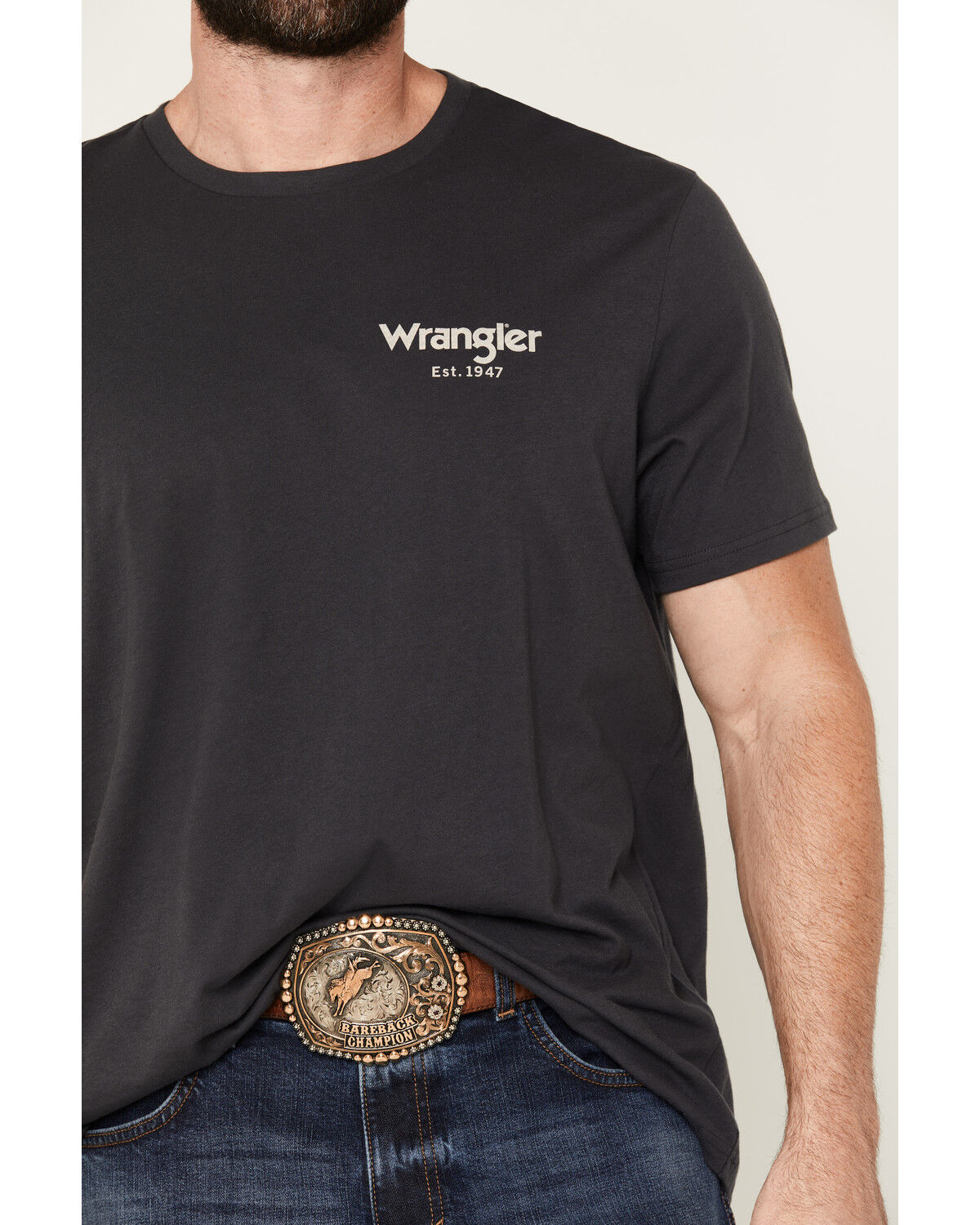 Image #4 - Wrangler Men's Boot Barn Exclusive Cowboy Logo Short Sleeve Graphic T-Shirt, Charcoal, hi-res