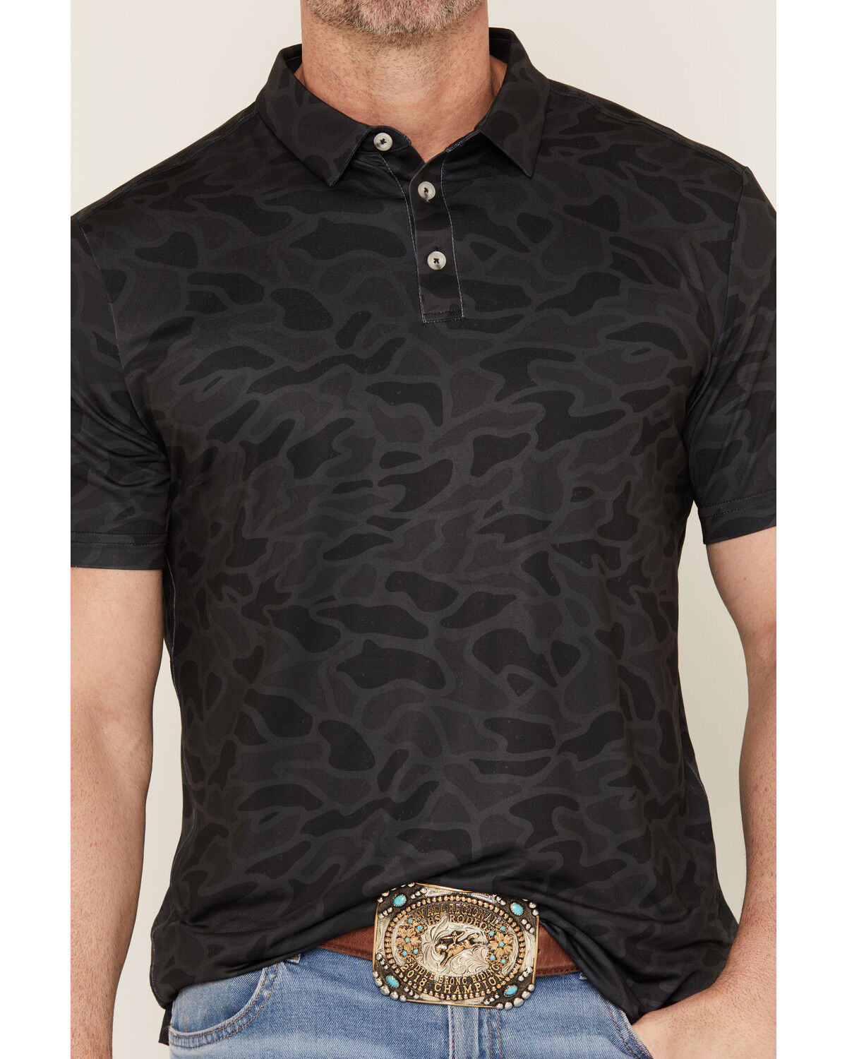 Image #3 - Burlebo Men's Camo Print Short Sleeve Button-Down Stretch Polo Shirt, Black, hi-res