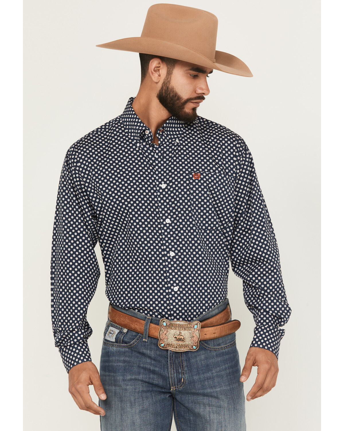 Cinch Men's Floral Print Long Sleeve Button-Down Western Shirt, Navy, hi-res