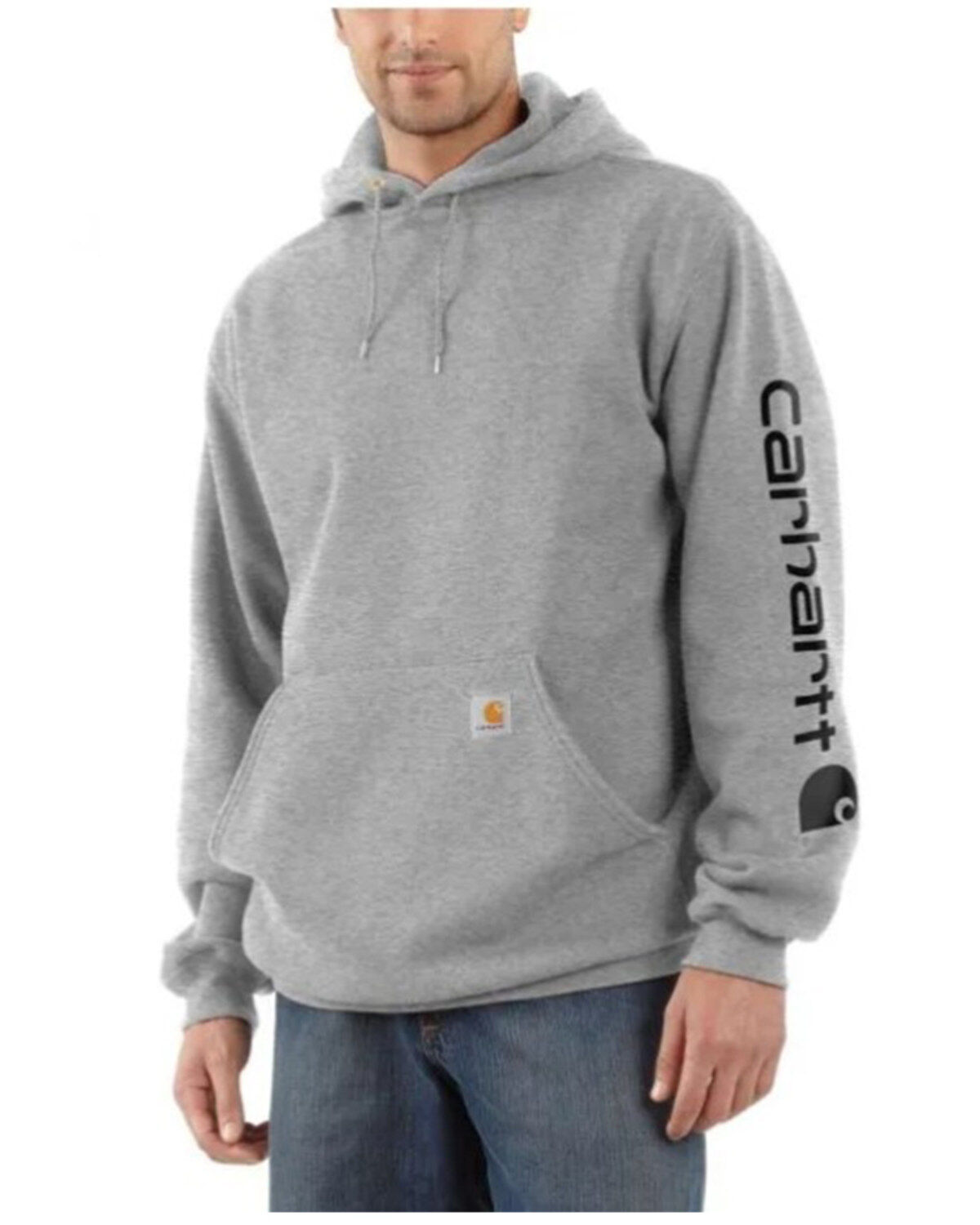 Image #1 - Carhartt Men's Heather Gray & Black Signature Sleeve Logo Hooded Work Sweatshirt - Big, Heather Grey, hi-res