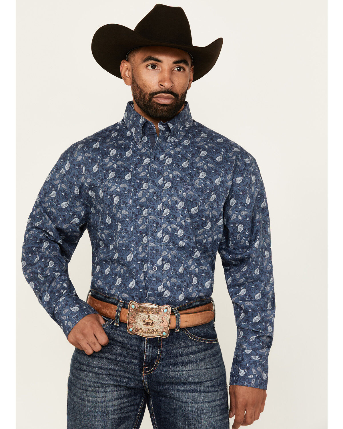 Image #1 - George Strait by Wrangler Men's Paisley Print Long Sleeve Button-Down Stretch Western Shirt - Tall, Navy, hi-res
