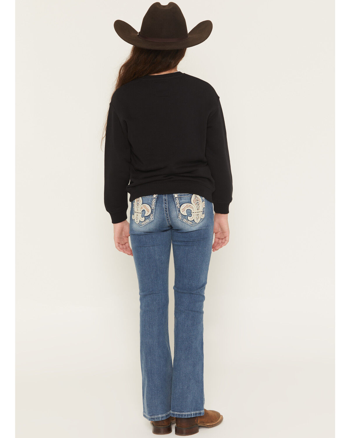 Miss Me Girls' Medium Wash Fleur de Lis Pocket Bootcut Denim Jeans, Medium Wash, hi-res