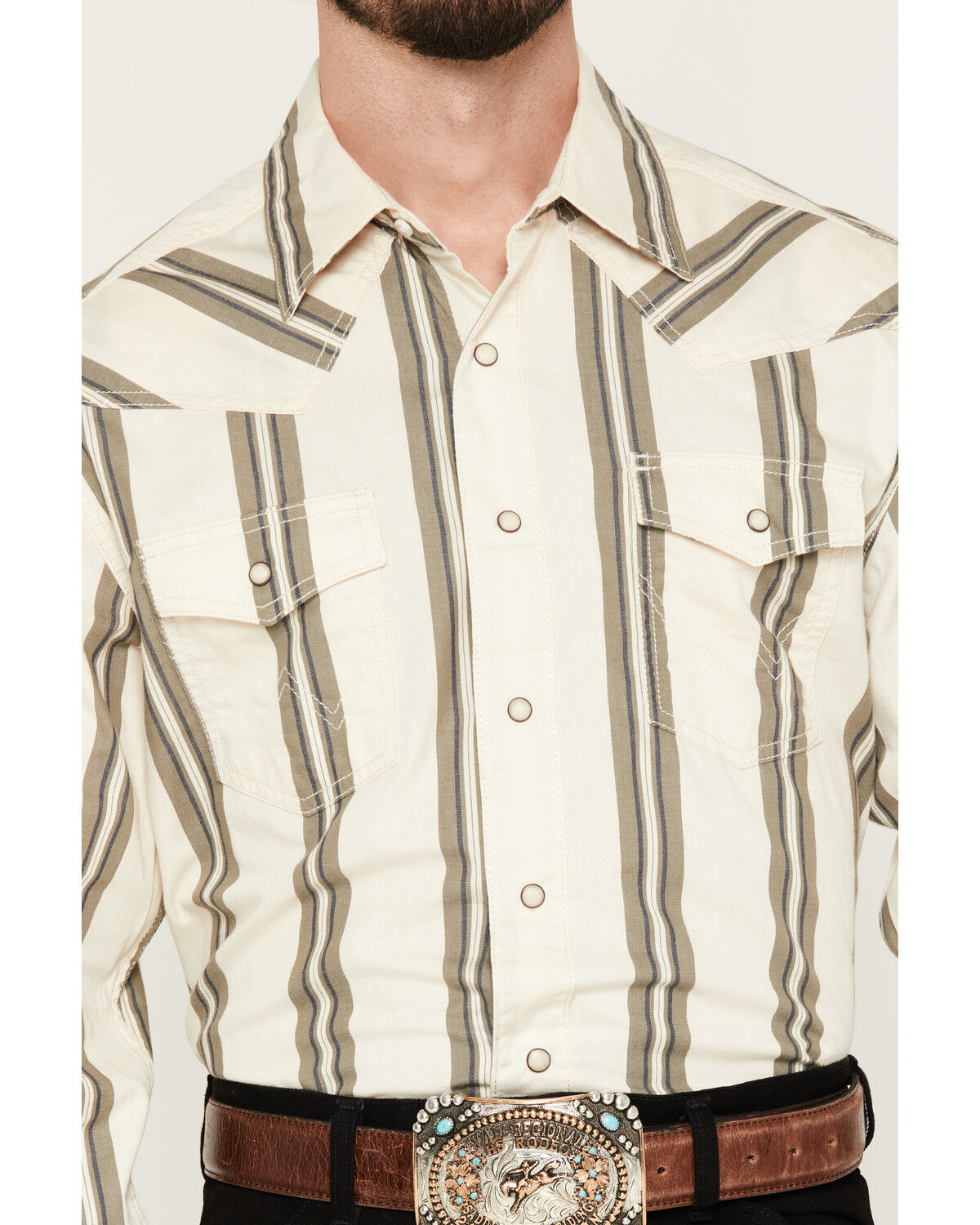 Image #3 - Wrangler Retro Men's Premium Striped Long Sleeve Snap Western Shirt, Cream, hi-res