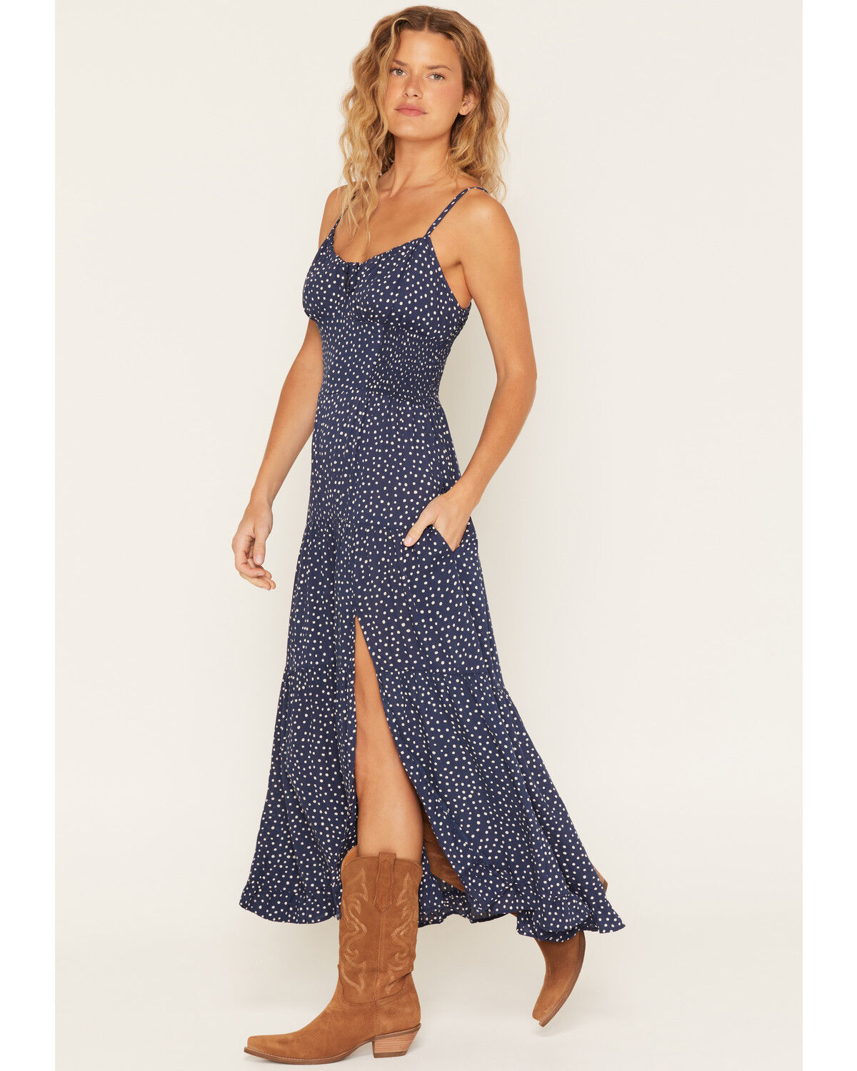 Image #2 - Angie Women's Sleeveless Polka Dot Midi Dress, Navy, hi-res