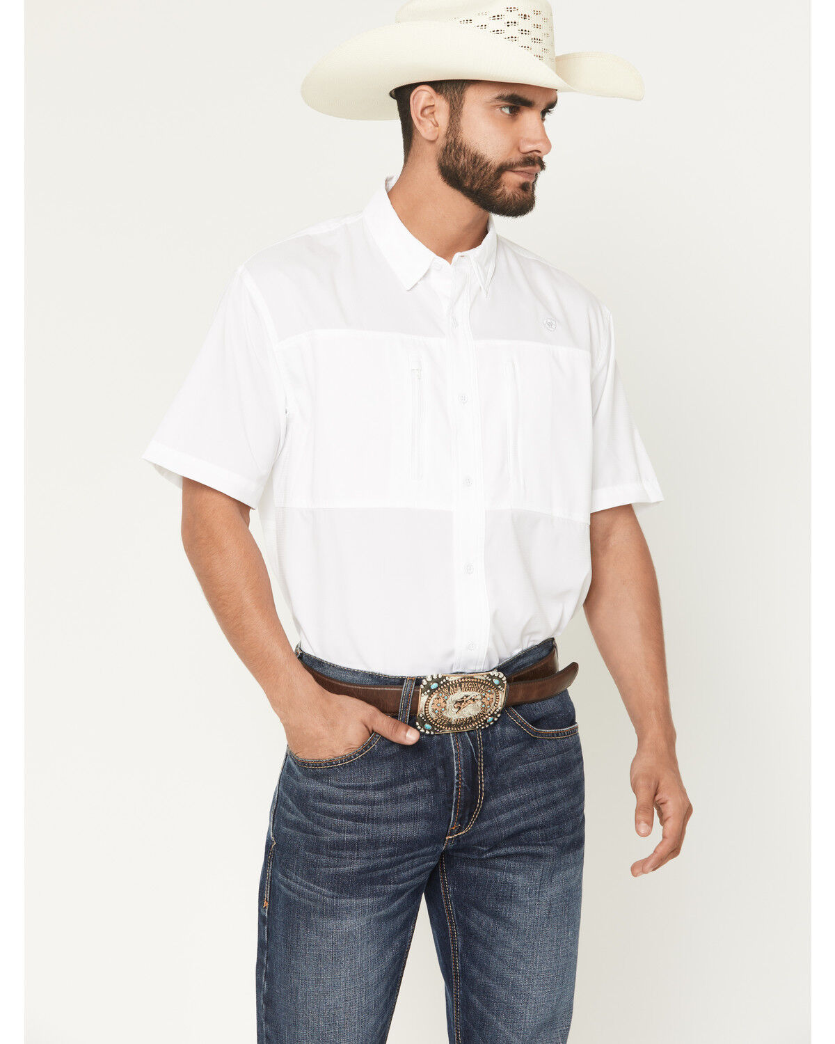 Ariat Men's VentTEK Solid Short Sleeve Button-Down Western Shirt, White, hi-res