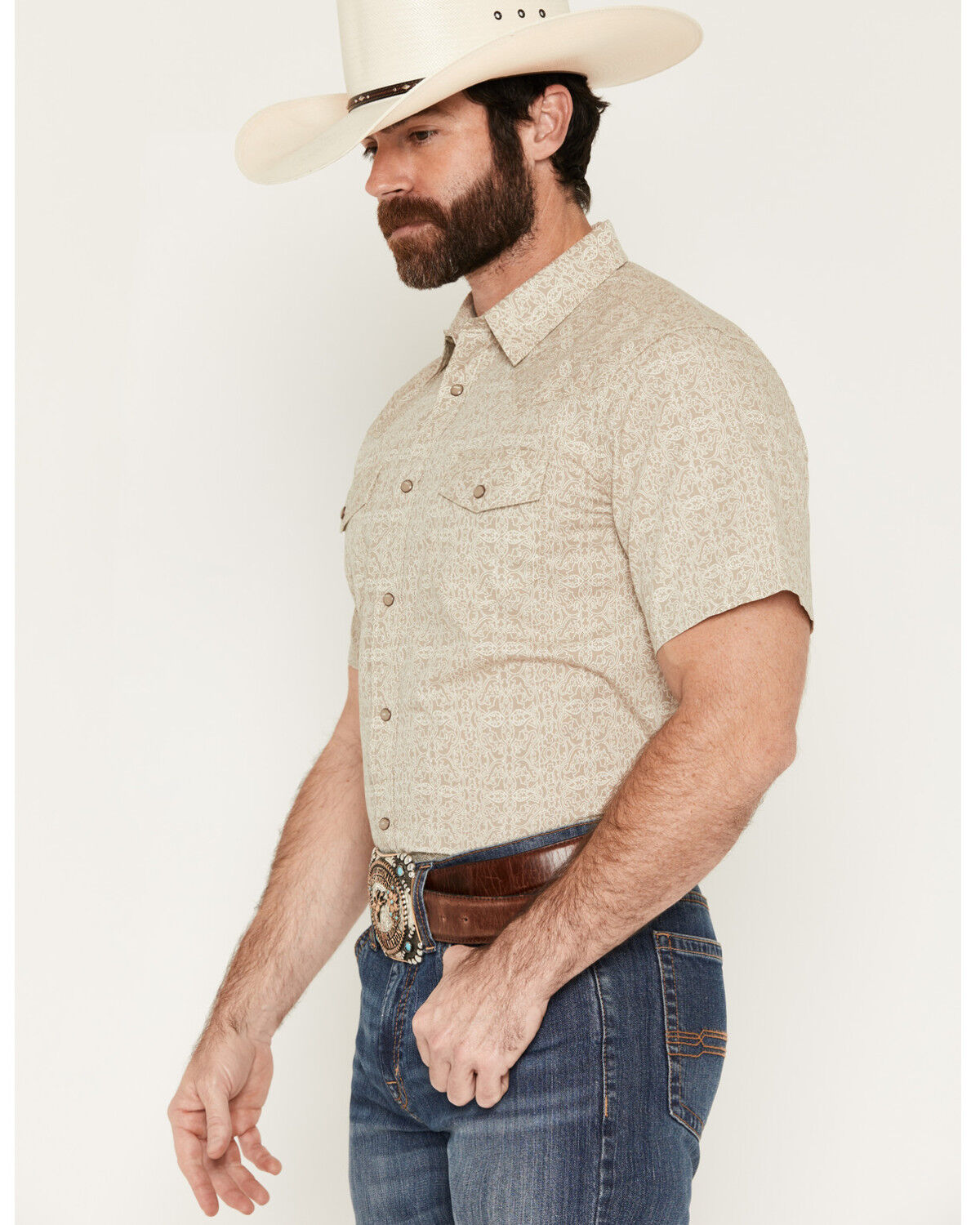 Image #2 - Gibson Trading Co Men's Timeless Medallion Print Short Sleeve Snap Western Shirt - Tall, Tan, hi-res