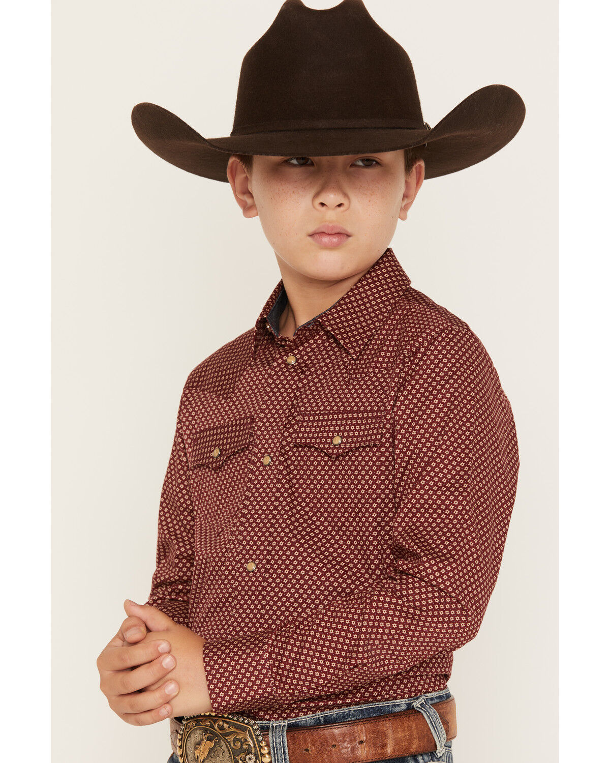 Image #2 - Cody James Boys' NFR Geo Print Long Sleeve Snap Stretch Western Shirt, Burgundy, hi-res