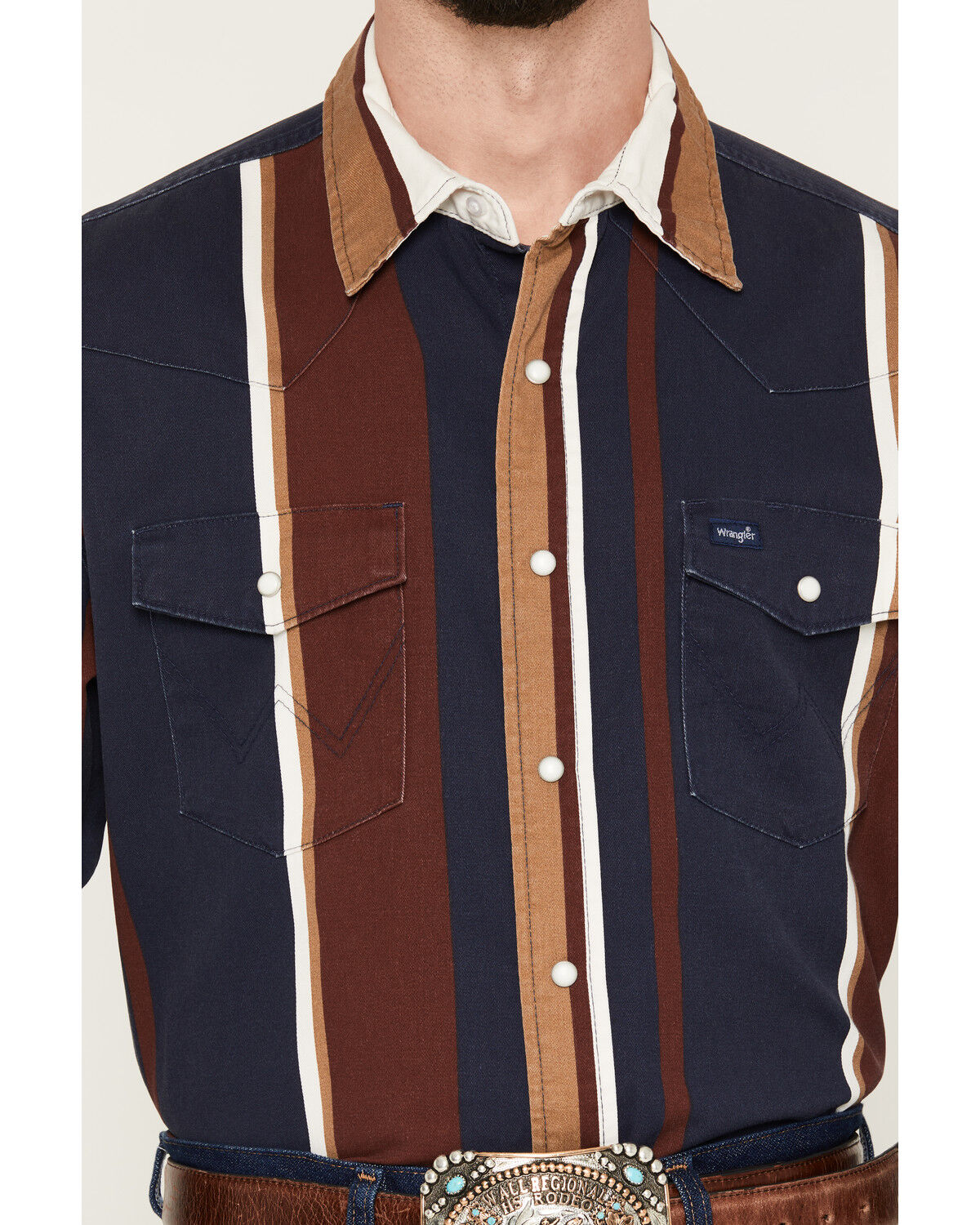 Image #3 - Wrangler Men's Vintage Brushpopper Striped Print Long Sleeve Snap Western Shirt, Navy, hi-res