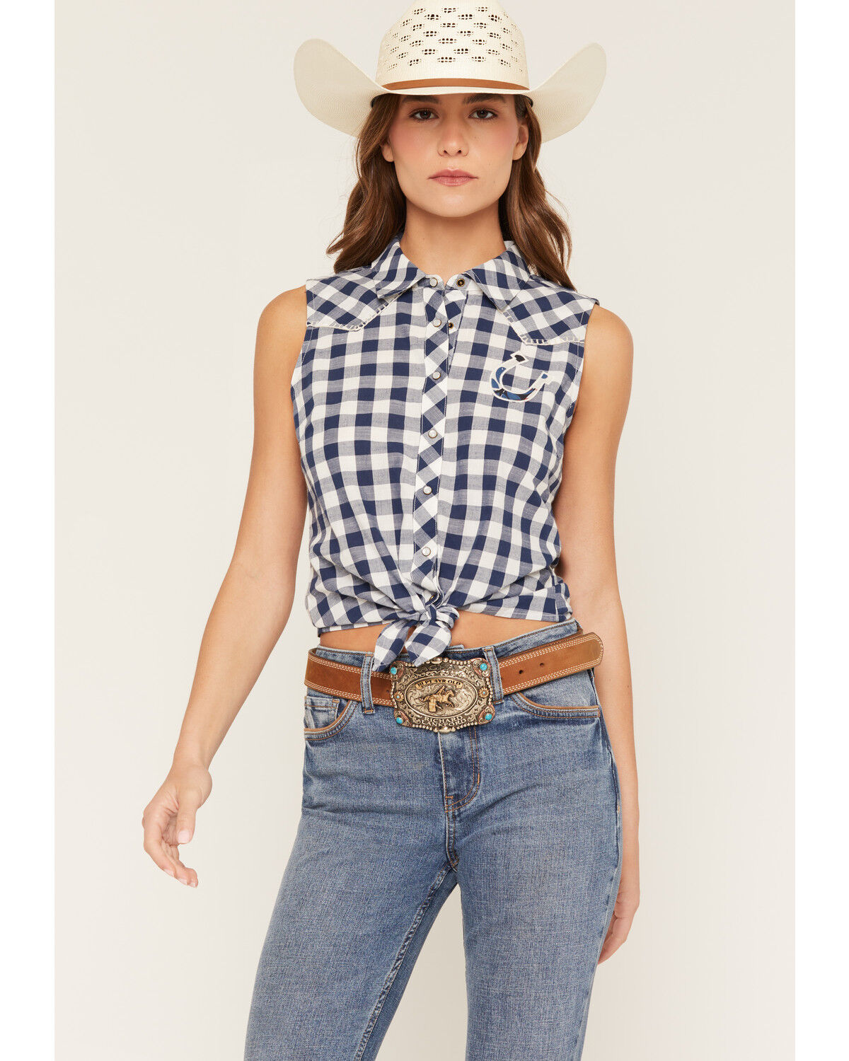 Shyanne Women's Dunes Gingham Sleeveless Snap Tie-Front Western Shirt, Navy, hi-res