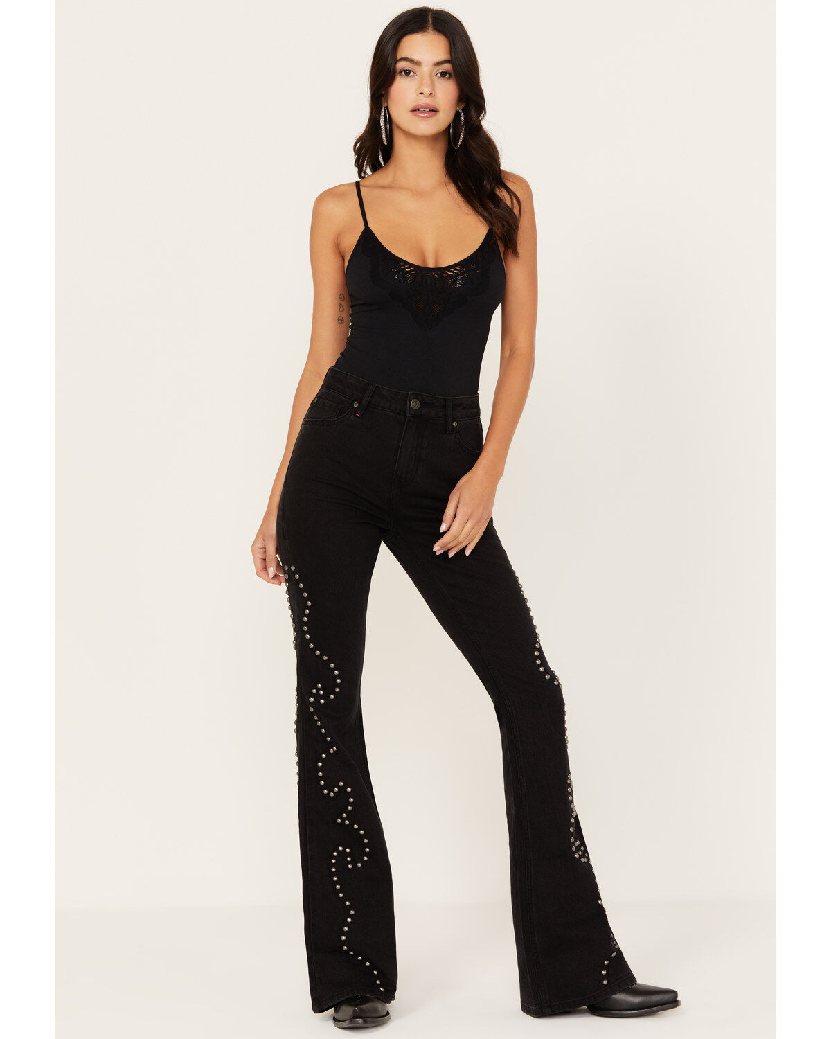 Image #1 - Idyllwind Women's Alameda High Risin Studded Stretch Flare Jeans, Black, hi-res