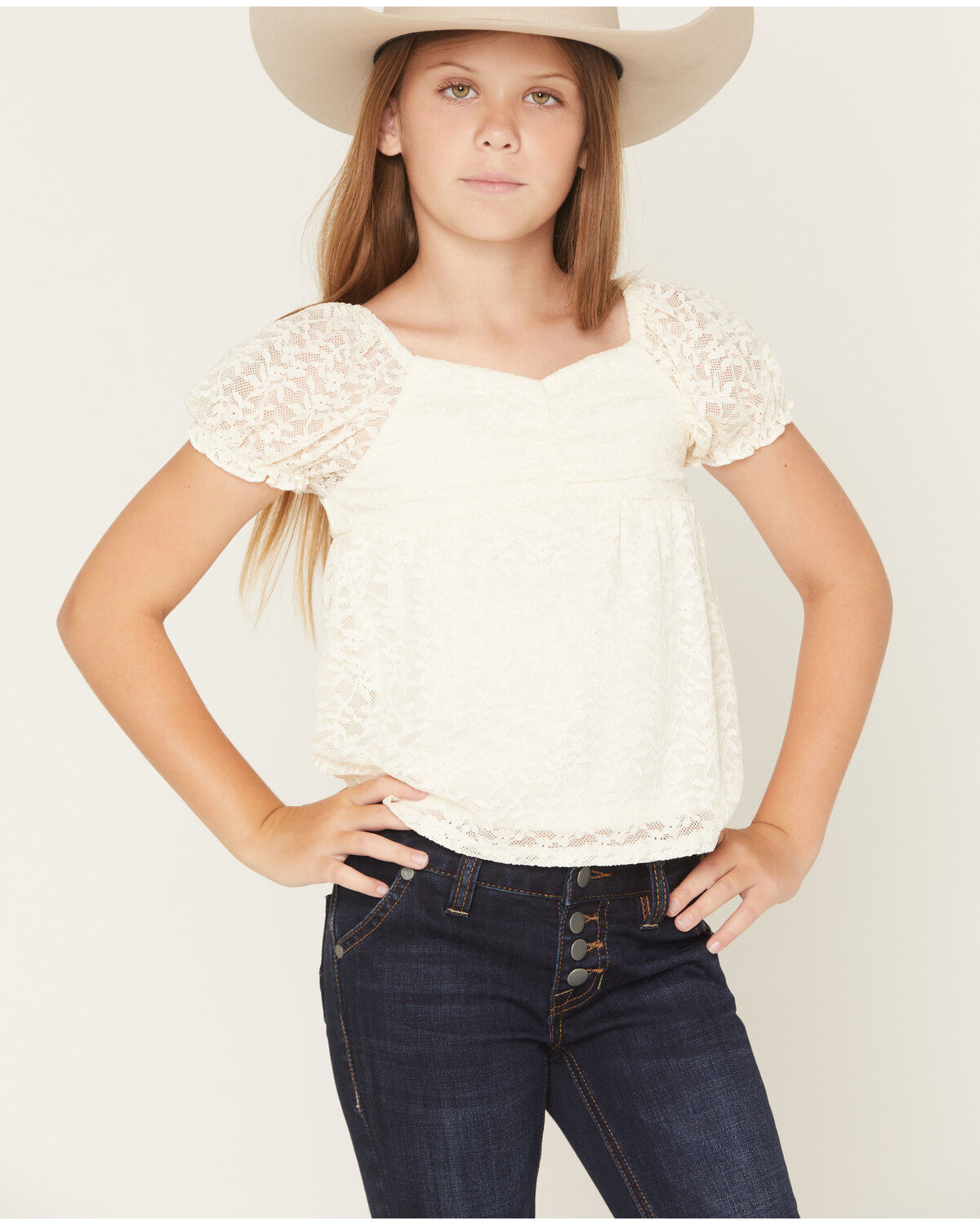 Sugar California Girls' Emma Solid Lace Short Sleeve Shirt, Ivory, hi-res